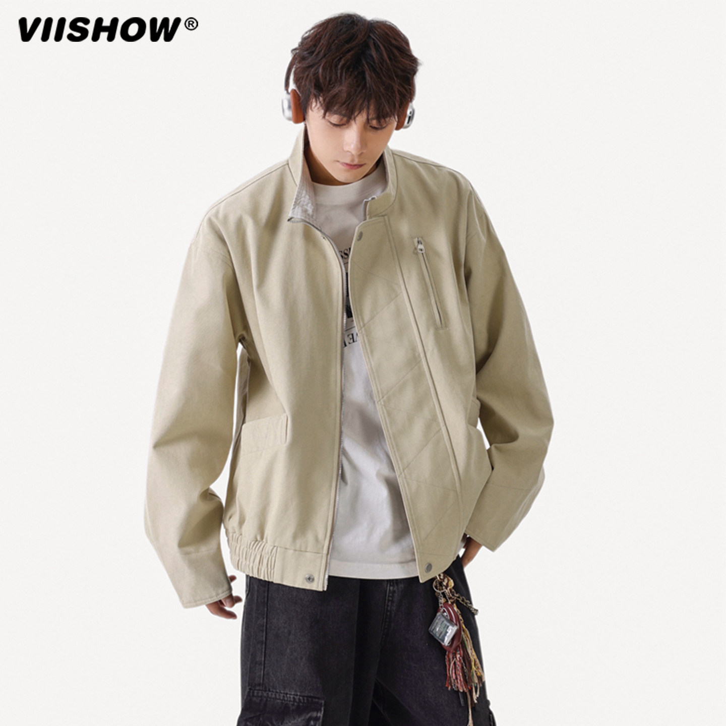 VIISHOW复古飞行员拉链双口袋夹克男款潮牌立领休闲工装风外套秋,男装,夹克,淘宝优惠券,粉丝福利购,淘宝优惠卷