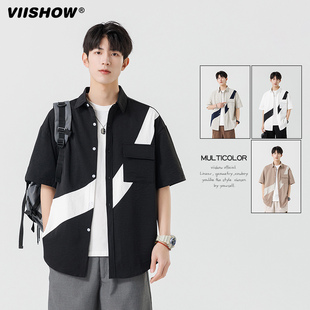 休闲潮流日系撞色工装 VIISHOW短袖 宽松翻领男款 夏季 衬衣外套 衬衫