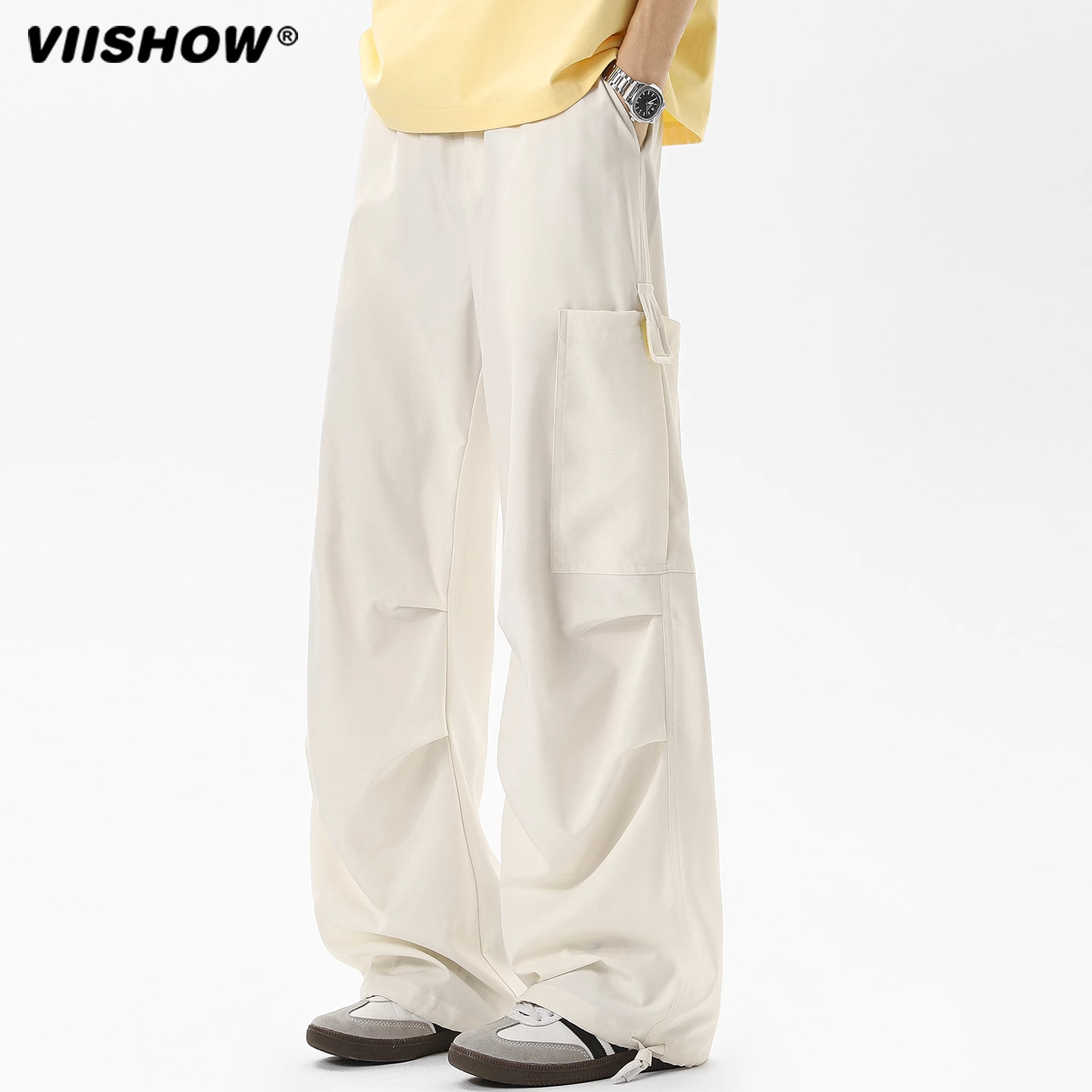 VIISHOW夏季薄款褶皱冰丝裤男款潮流美式宽松直筒休闲工装长裤子