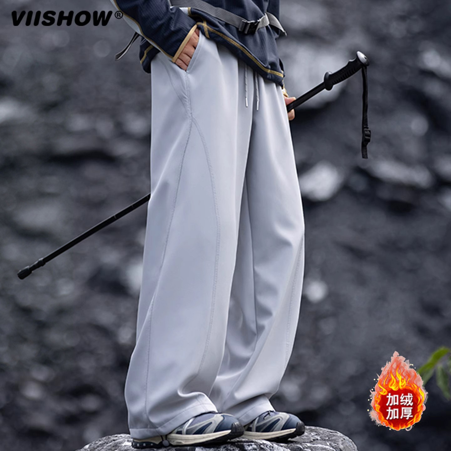 VIISHOW美式潮牌反光条机能风直筒休闲裤男复古宽松阔腿加绒长裤