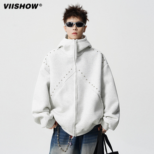 高街小众情侣开衫 美式 外套 秋季 VIISHOW痞帅铆钉拼接连帽卫衣男士