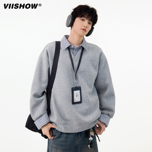 VIISHOW复古假两件拼接翻领卫衣男秋季潮牌宽松情侣休闲套头上衣