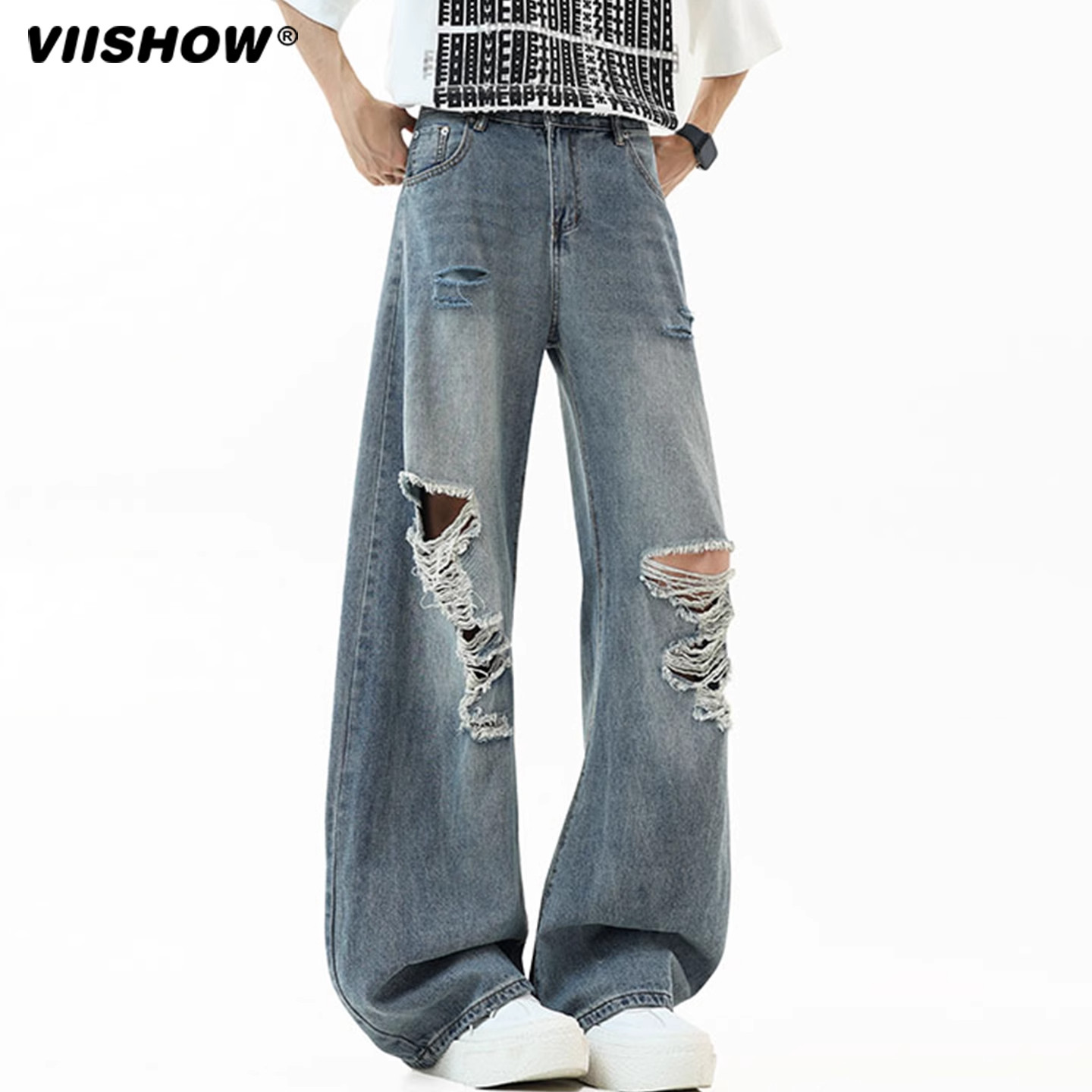 VISHOW美式破洞设计感水洗牛仔裤男cleanfit宽松阔腿直筒长裤子