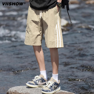 男潮牌宽松三条杠条纹直筒五分裤 速干休闲短裤 子 薄款 VIISHOW夏季