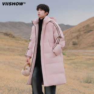 VIISHOW国潮牌情侣美式连帽长款棉服条纹棉袄方形保暖棉衣外套男