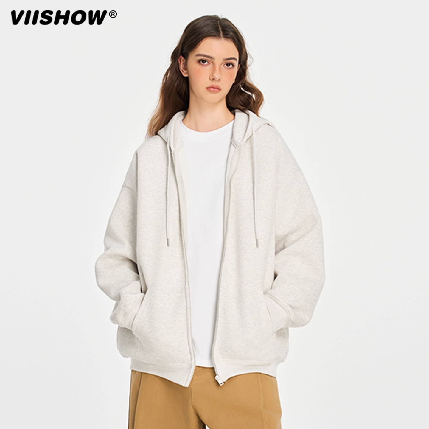 VIISHOW潮牌复古开衫美式重磅连帽卫衣男士慵懒风情侣款拉链外套