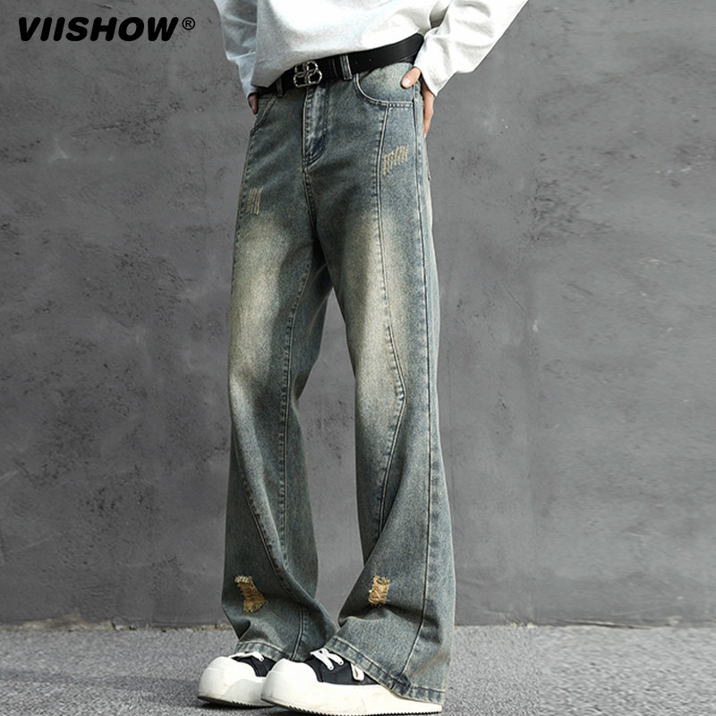 VISHOW复古破洞牛仔裤男春季水洗高街cleanfit宽松直筒休闲裤子,男装,牛仔裤,淘宝优惠券,粉丝福利购,淘宝优惠卷