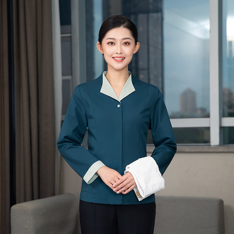 翻领保洁服长袖女职业特色工作服酒店宾馆客房服务员套装logo定制