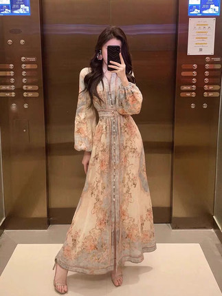 澳洲复古印花小香风碎花连衣裙甜美气质茶歇温柔海边度假沙滩长裙
