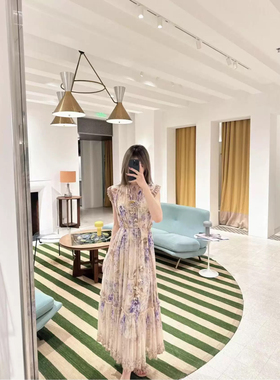 Z家轻奢高定2025春夏丁香紫荷叶边系带收腰无袖飘逸长款连衣裙