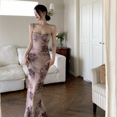 实拍house同款性感豹纹网纱吊带连衣裙女复古小众辣妹显瘦包臀裙