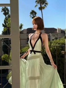 欧美纯欲风声v挂脖裙大露背蝴蝶结褶皱party晚宴会生日礼服度假裙