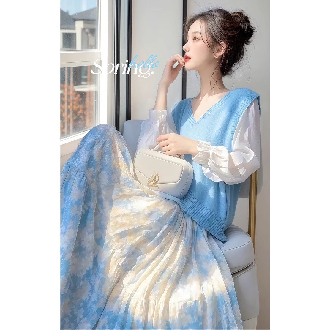 开春穿搭2025超火小香风套装女甜美显瘦减龄假两件马甲碎花半身裙