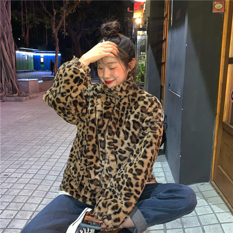 Real shot real price ~ Korean winter loose retro leopard print cotton warm lamb coat