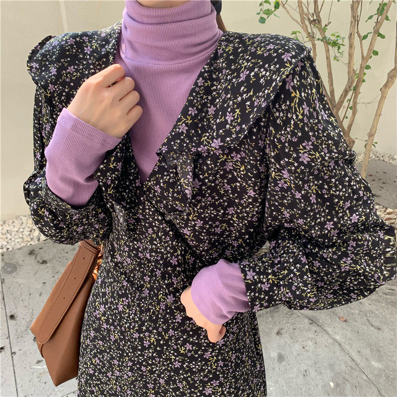 Real price Korean retro floral V-neck dress with purple high collar