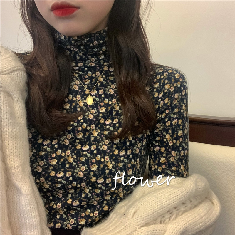 ! Real price! Korean women's autumn and winter ins flower broken high collar bottoming shirt