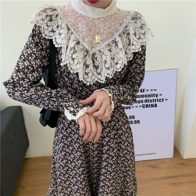 French lace panel cut-out waist show thin Raglan Long Sleeve Dress