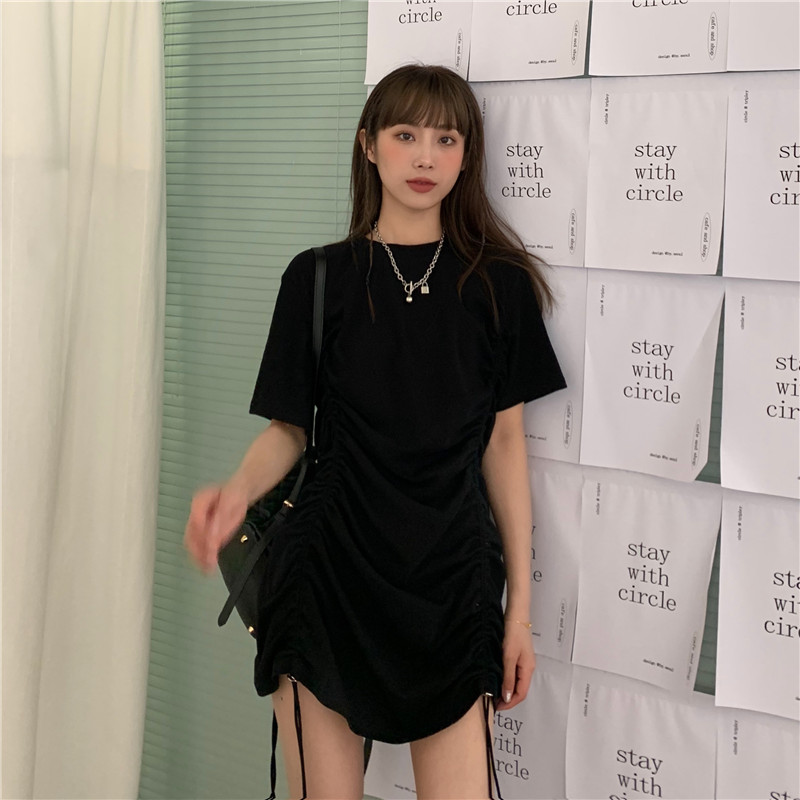 Real shot! Real price! Korean summer casual drawstring slim Short Sleeve Dress