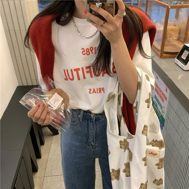 Real shot! Real price! Korean Short Sleeve letter creative versatile student loose print short sleeve T-shirt