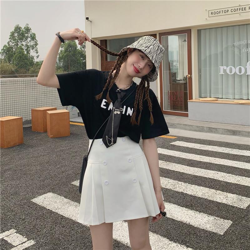 Real shot! Real price! Korean summer Guima girl print Short Sleeve Tee + pleated high waist short skirt