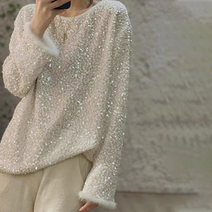 2023冬季新款小衫女欧货设计师款小众复古重工亮片袖口水貂毛上衣