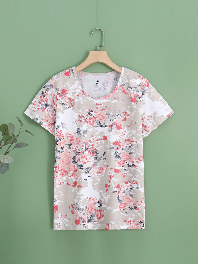 AB 속옷 프린트 라운드 넥 반팔면 스웨트 셔츠 중년 및 노년층 엄마를위한 느슨한 대형 잠옷 여성용 U812