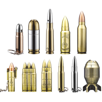 金色尖头激光灯明火子弹打火机 军事创意模型弹头充气打火机YM076