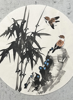 国画手绘墨竹画4204名家无款宣纸水墨画芯墙画挂画中式扇面装饰画