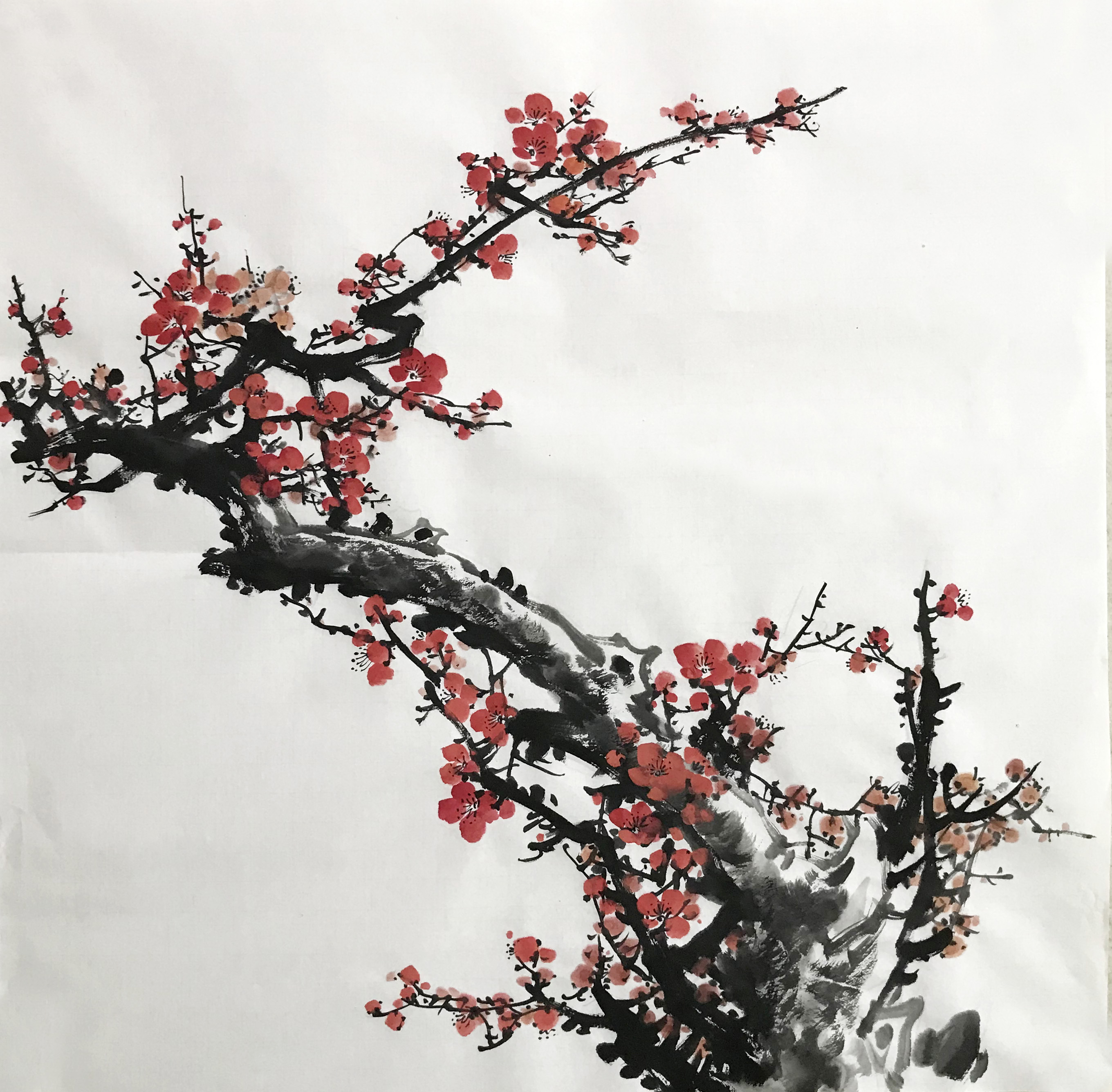 梅花红梅图报春3117四尺斗方中式玄关墙画水墨画宣纸画芯无款手绘