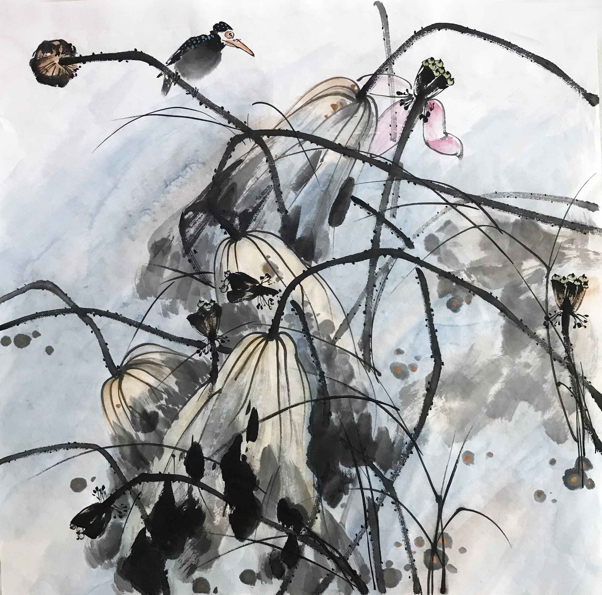 水墨画荷花精品3181四尺斗方无款手绘玄关写意花鸟画残荷宣纸画芯