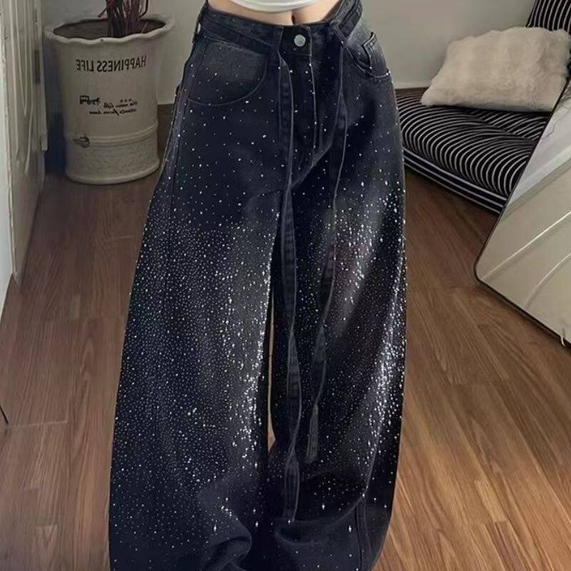 烫钻满天星细闪阔腿弯刀裤男女潮牌欧美街头裤子结构腰带牛仔裤子