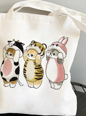 可爱卡通猫咪帆布包女大容量日系百搭小众ins卡通猫咪手提袋