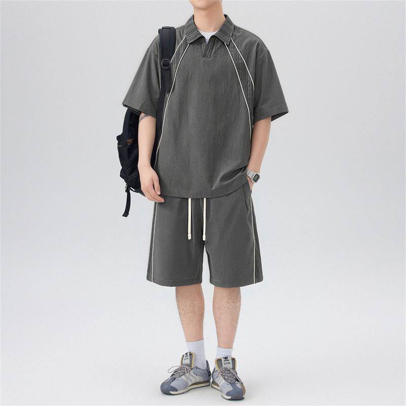 实拍夏季新款休闲套装男短袖运动套装宽松透气拼接短裤一套搭配