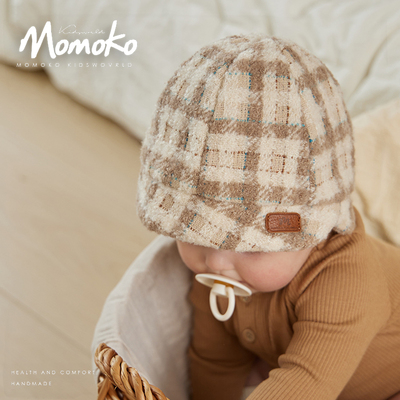 momoko婴幼儿格子盆帽保暖帽