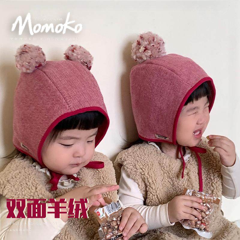 婴儿帽子秋冬款新年羊绒羊绒红色毛球冬女童护耳帽保暖遮阳帽圣诞