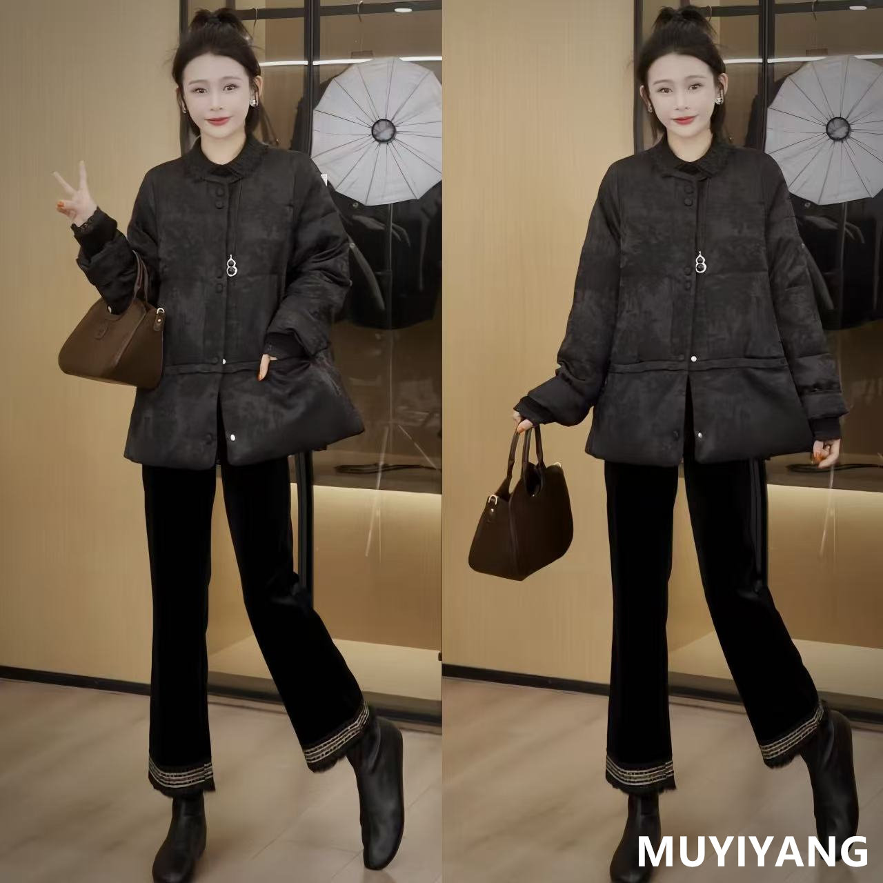 木易杨 墨隐独特超好看提花90白鸭绒高定版羽绒服女黑色羽绒外套