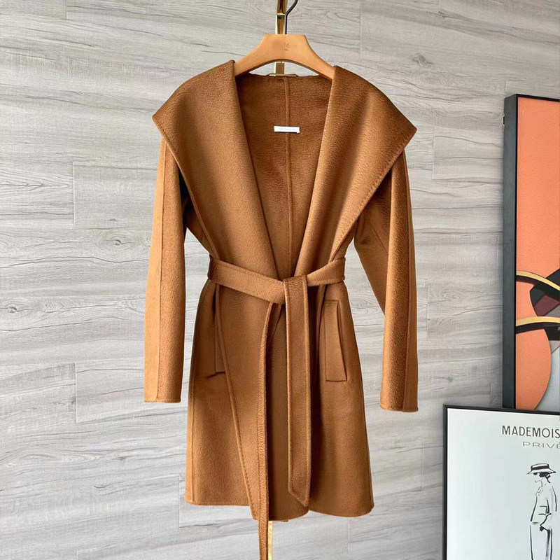 m家同款秋冬valdese双面羊绒大衣女水波纹戴帽短款小个子连帽外套