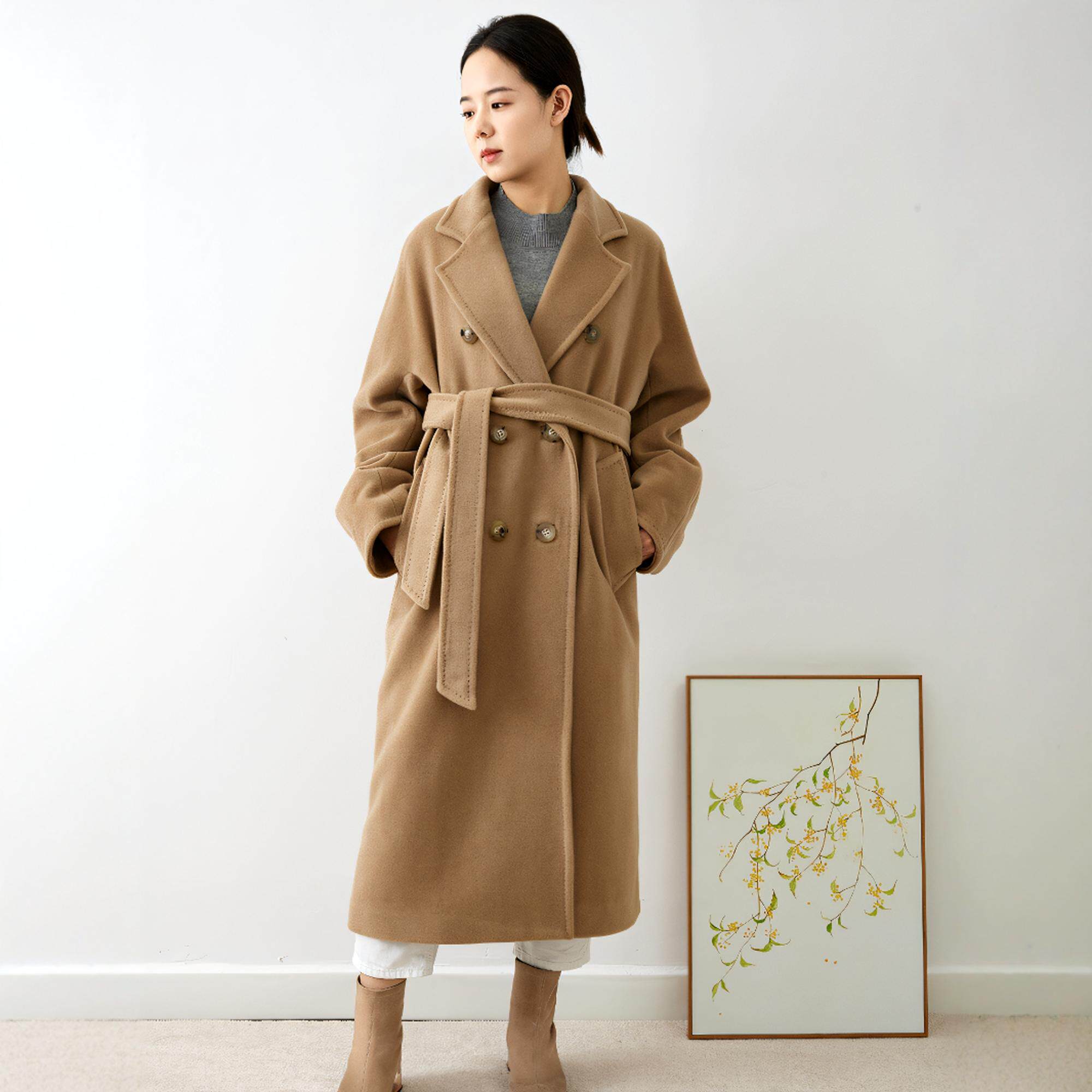 M家经典款101801驼色双排扣羊绒大衣女madame中长款毛呢外套新品