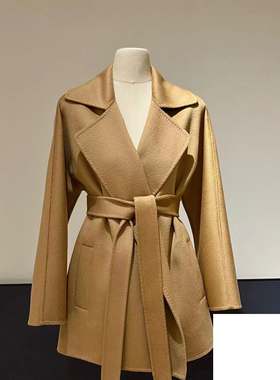 M家同款新品gas双面羊绒水波纹大衣女高端小个子毛呢系带短款外套