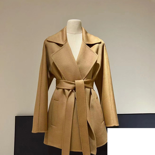 M家同款新品gas双面羊绒水波纹大衣女高端小个子毛呢系带短款外套