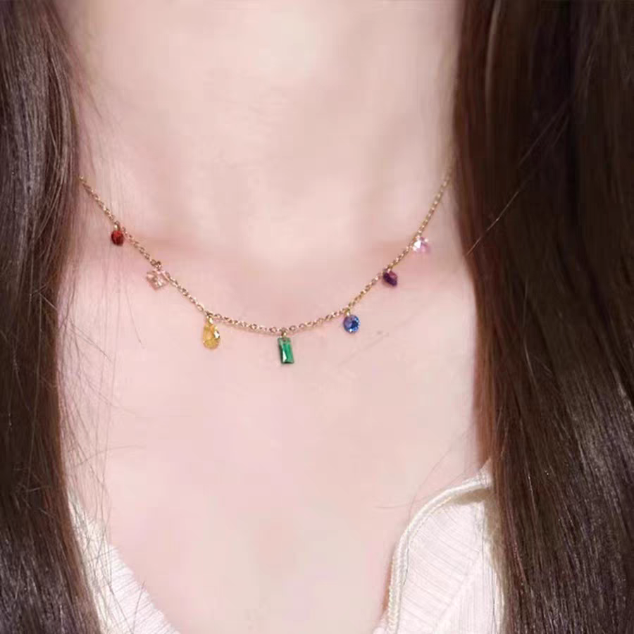 【钛钢不掉色】氛围感彩虹方钻镶嵌水晶石轻奢圆珠链彩色闺蜜项链