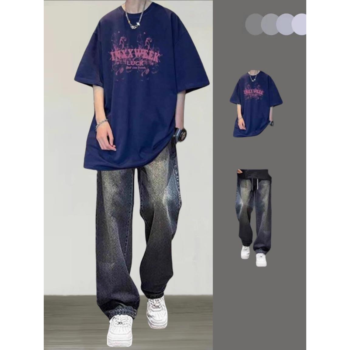 男士酷帅夏季套装男生帅气穿搭一套搭配短袖T恤男装潮流纯棉衣服