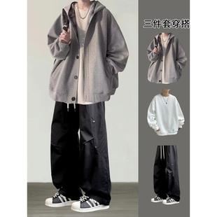 秋季连帽卫衣生男潮流青少年搭配帅气学生衣服时髦套装男装三件套