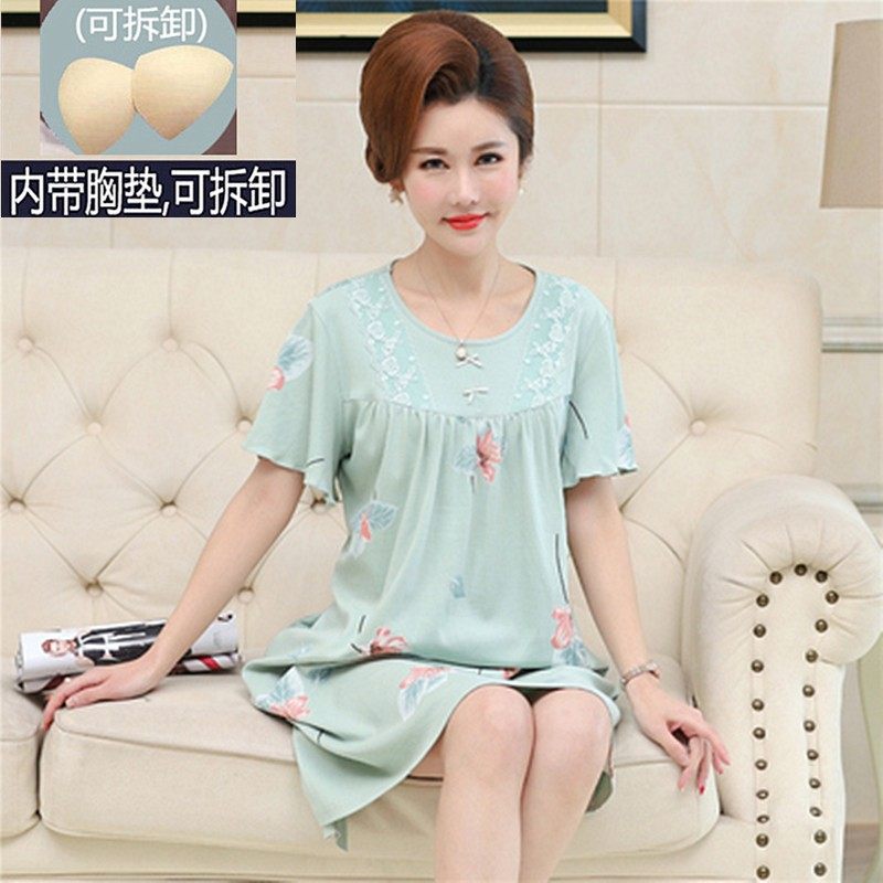 莫代尔女款夏季免穿文胸胸垫睡衣中年妈妈短袖睡裙奶奶居家防走光