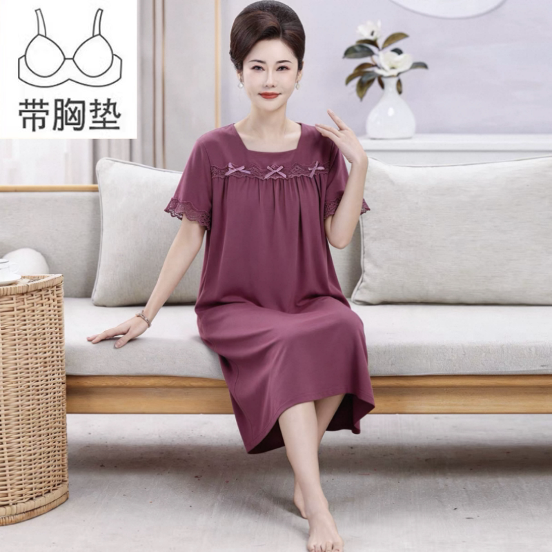 纯棉短袖睡裙女夏胖mm特大码家居服过膝女中年妈妈甜美带胸垫睡衣