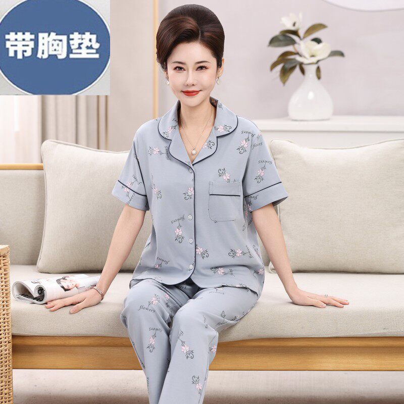 聚拢带胸垫新款女士睡衣纯棉短袖长裤薄款中年妈妈家居服休闲套装