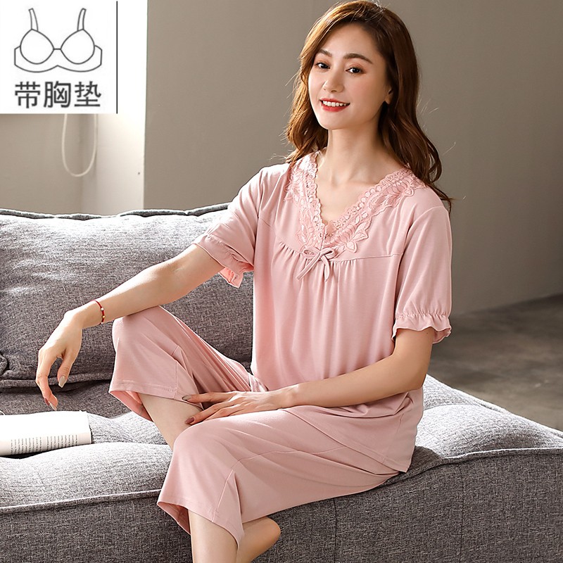 莫代尔睡衣女带胸垫夏季2023新款