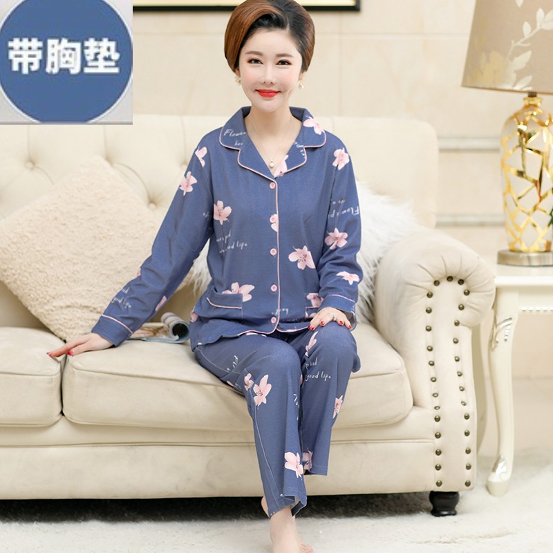 带胸垫中老年睡衣女春秋纯棉长袖妈妈bra家居服中年大码秋天套装