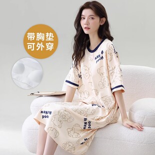 自带胸垫睡裙女生夏季纯棉半袖大码胖mm长款公主风睡衣过膝连衣裙