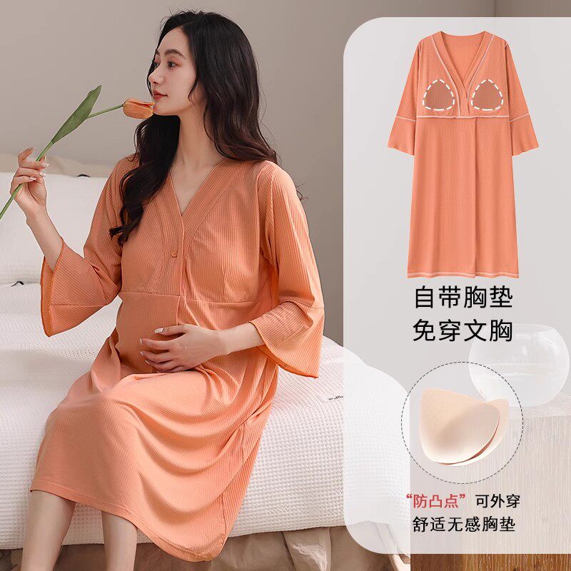 夏季女带胸垫睡衣短袖隐形哺乳口睡裙孕妇大码莫代尔家居服怀孕中